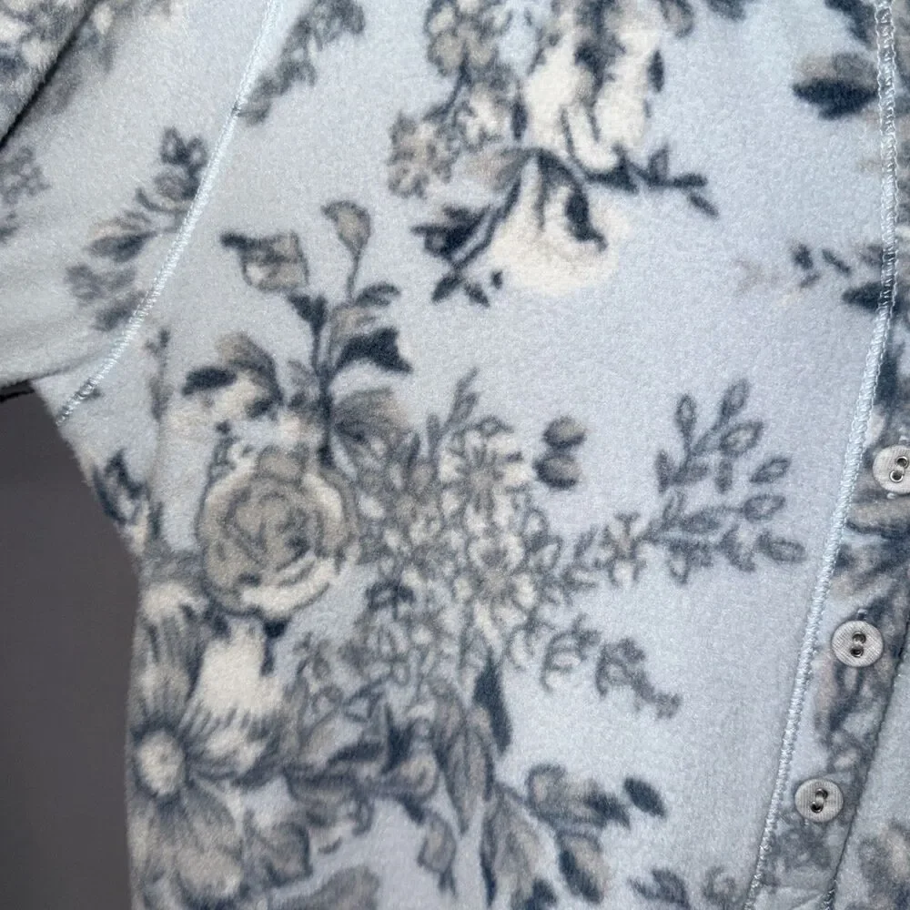Miss Elaine Classic Blue Fleece Nightgown M  Super Soft Floral Polyester Pullove